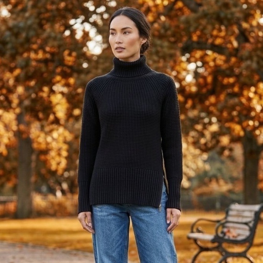 LL Bean Super Soft Waffle Turtleneck Sweater Midnight Black Size Small Side Zip